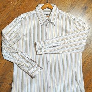 Vintage La Habana Men's Dress Shirt Lg Collar White Gold Pink Stripe Cuban XL